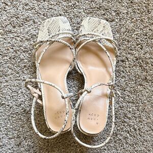 Snake-Print Strappy Square-Toe Sandals in Cream and Tan